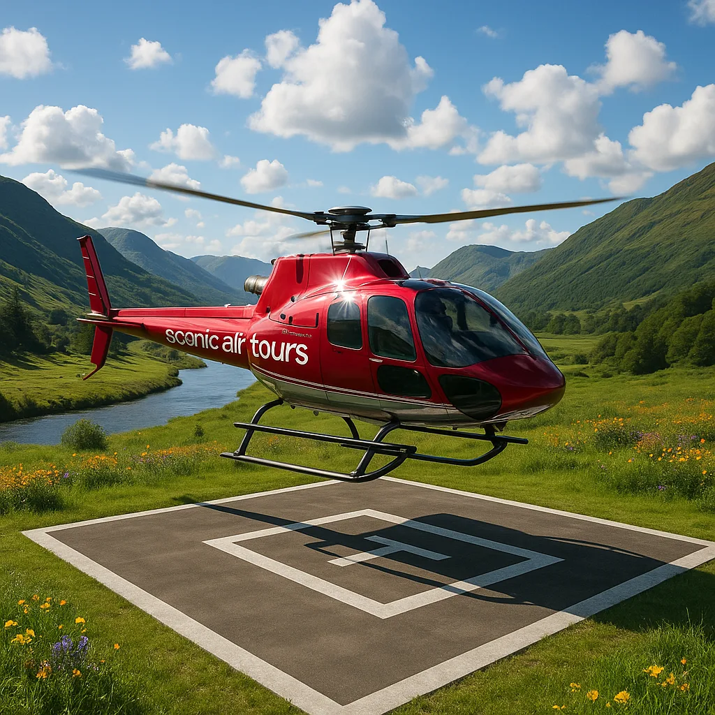 Helicopter Emblazoned with the Words 'scenic Air Tours' Stands