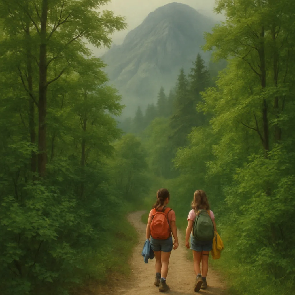 Two Young Girls Are Making their Way Along a Meandering