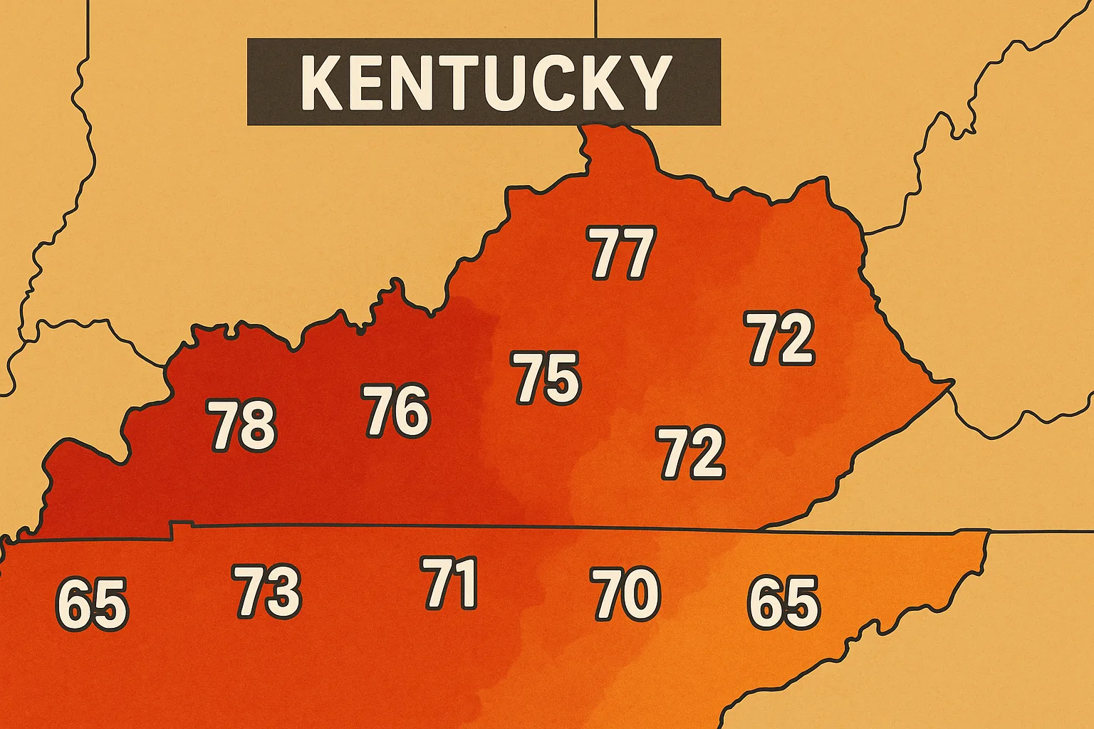 Map of Kentucky Showing Forecasted High Temperatures Across Various Regions