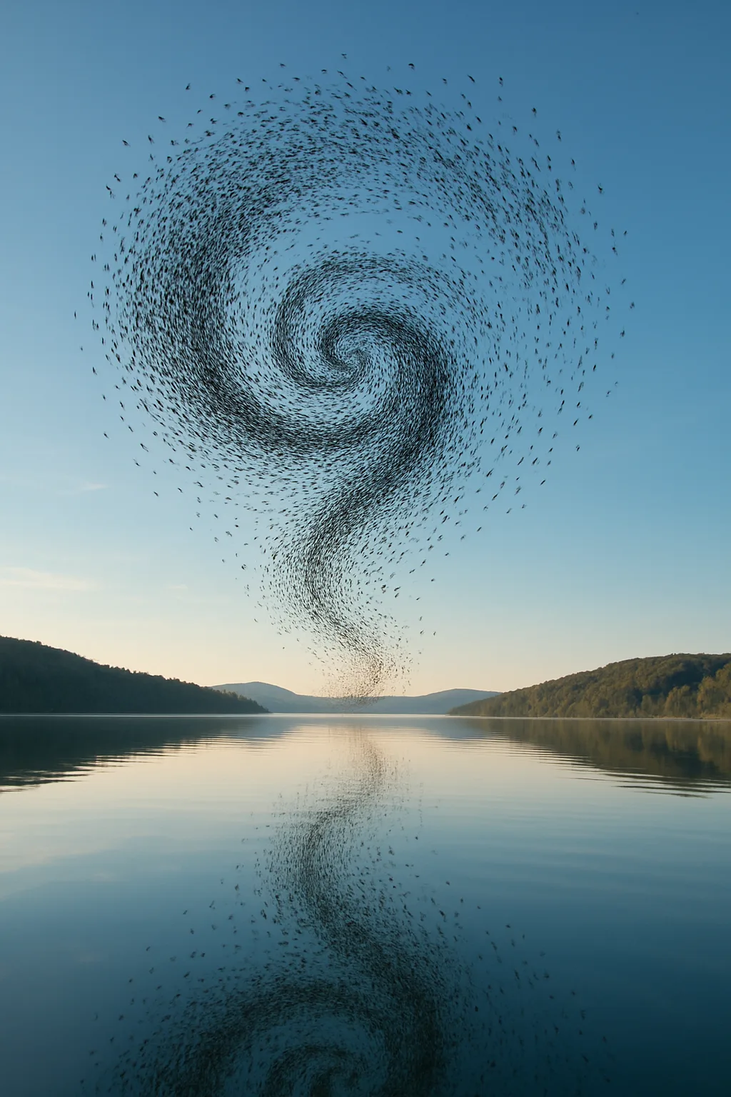 Innumerable Distant Birds Form a Swirling Vortex Above a Vast