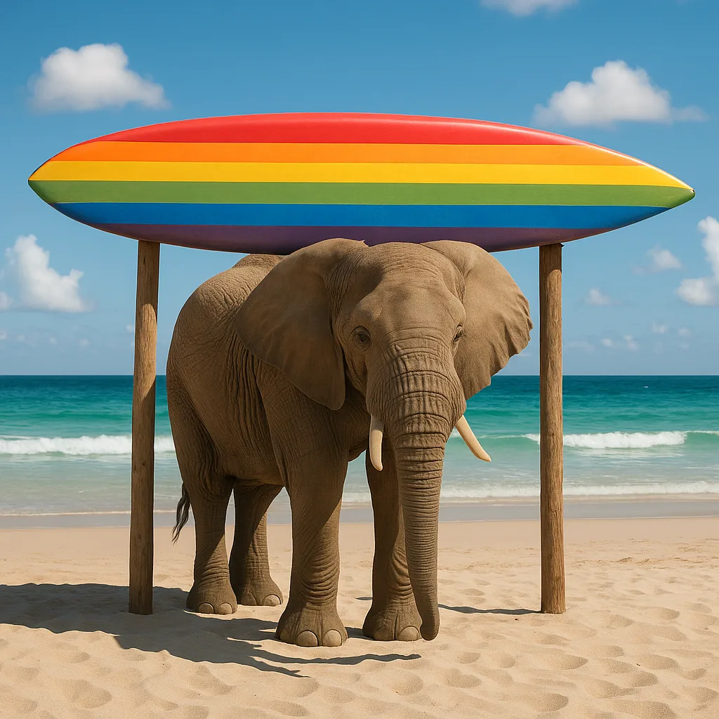 Elephant Positioned Beneath a Vibrant Surfboard Supported by Two Wooden