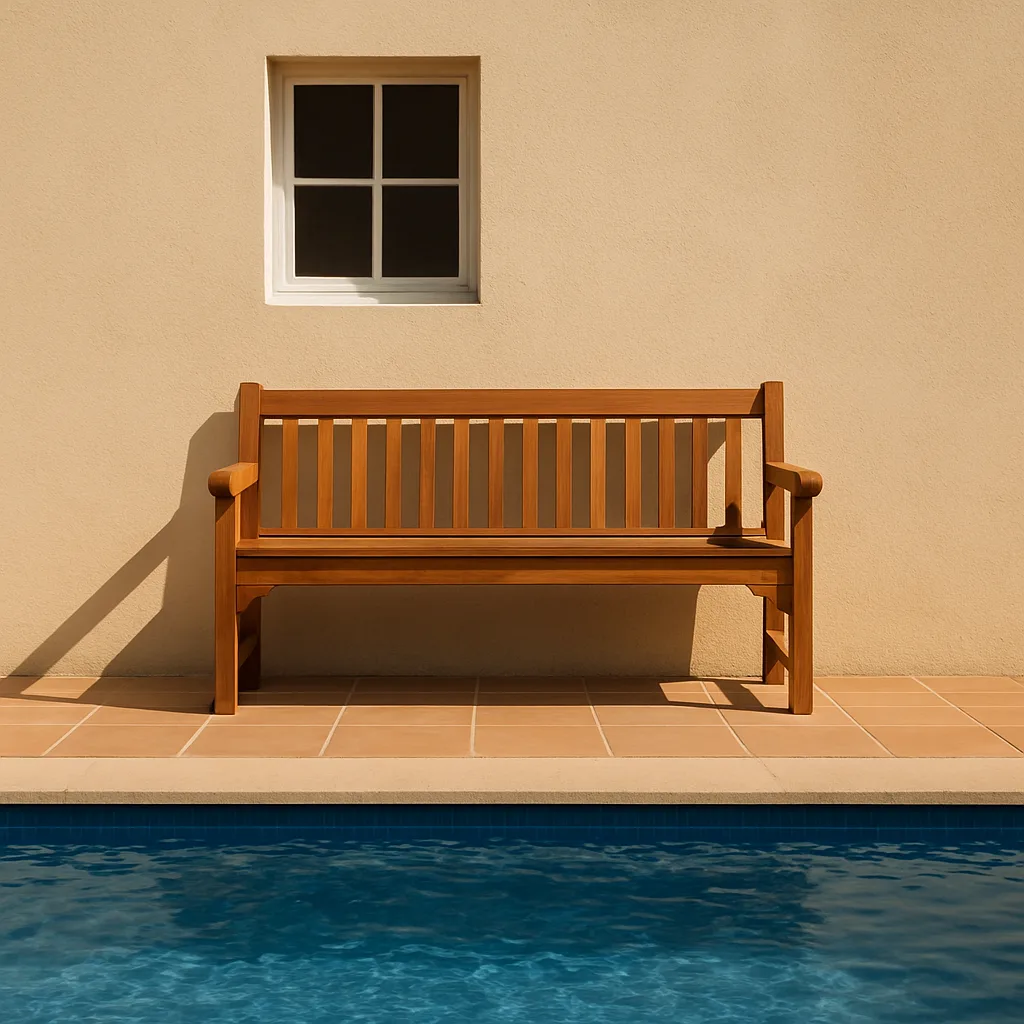 Wooden Bench Sits Against a Beige Wall
