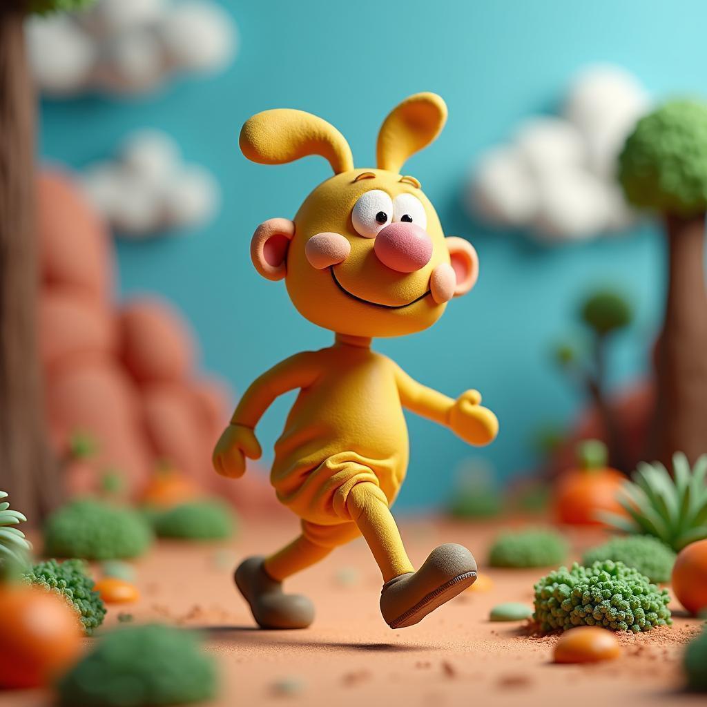 Whimsical Claymation Figure Bouncing Through Color