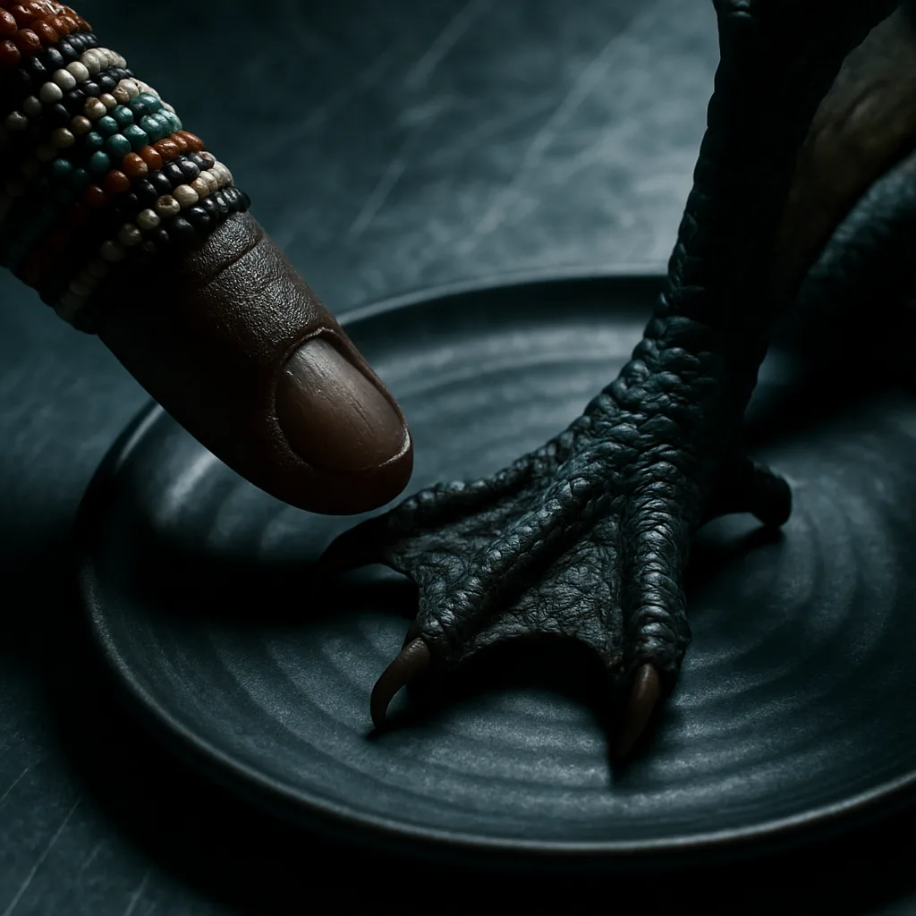 Tribal-beaded Fingertip Delicately Examines a Miniature Drake's Leathery Webbed Foot