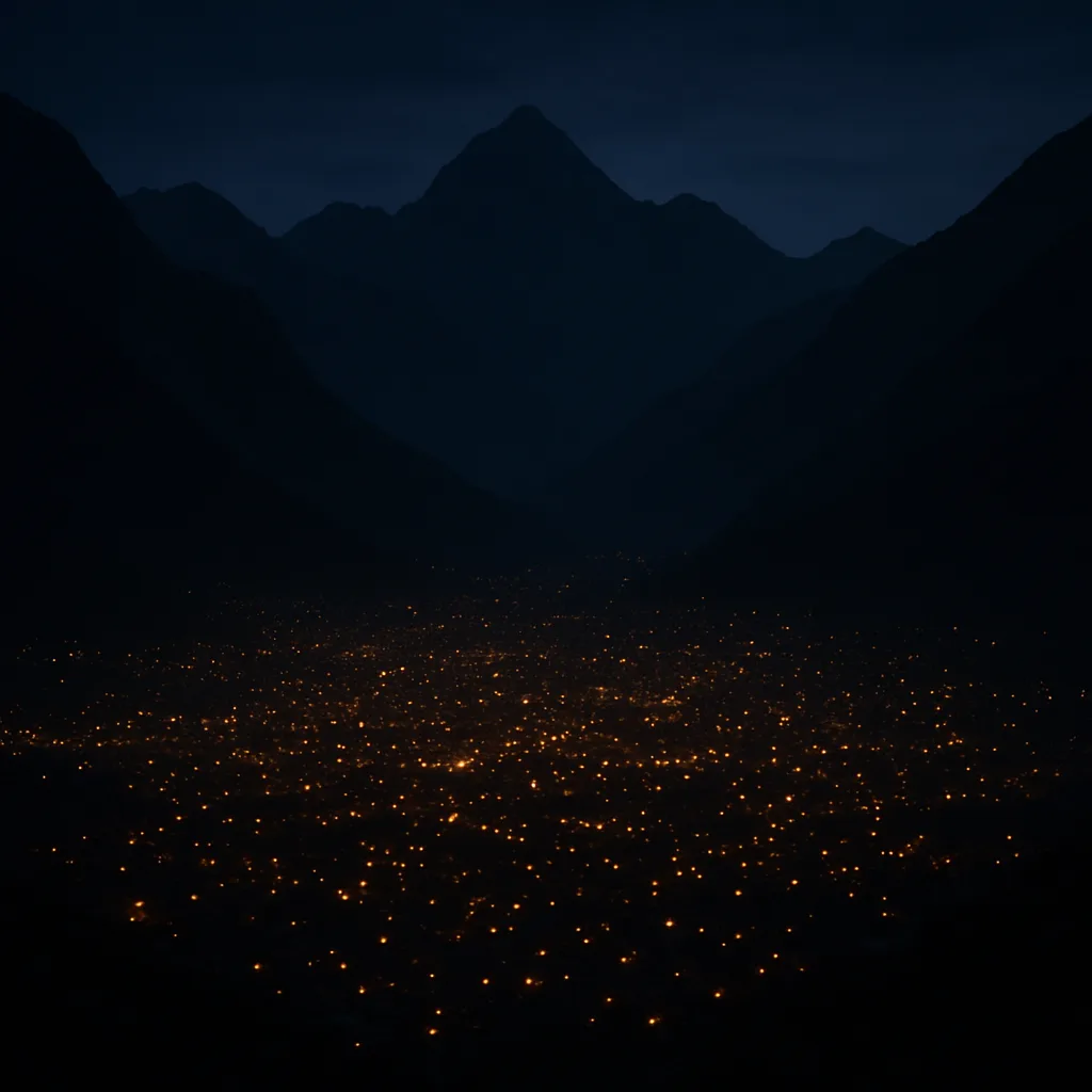 Numerous Tiny Lights from a Sprawling Settlement Twinkle