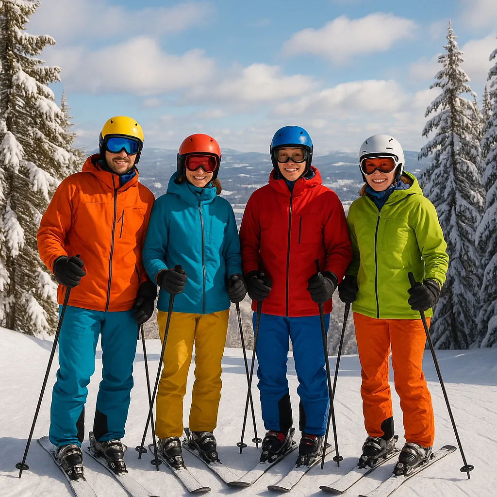 Group of Four Skiers Dressed in Colorful Winter Gear