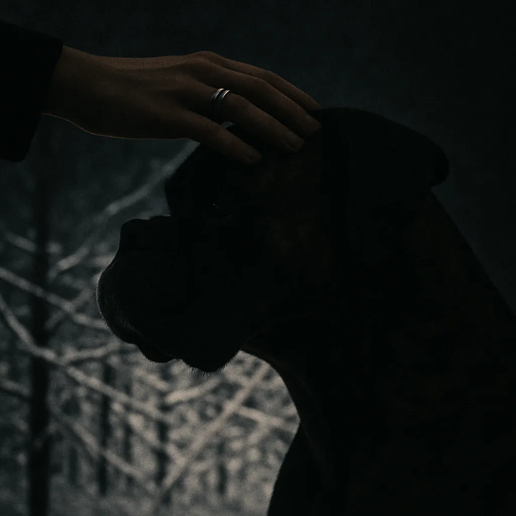 POV: a Ringed Hand Gently Pets a Dark Brindle Boxer