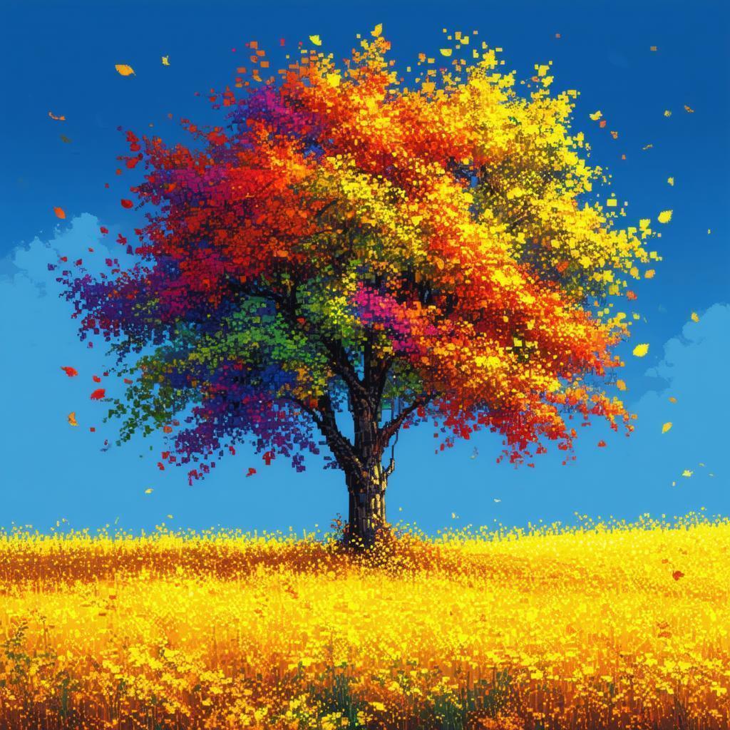 Pixel Autumn Tree on Bright Yellow Field