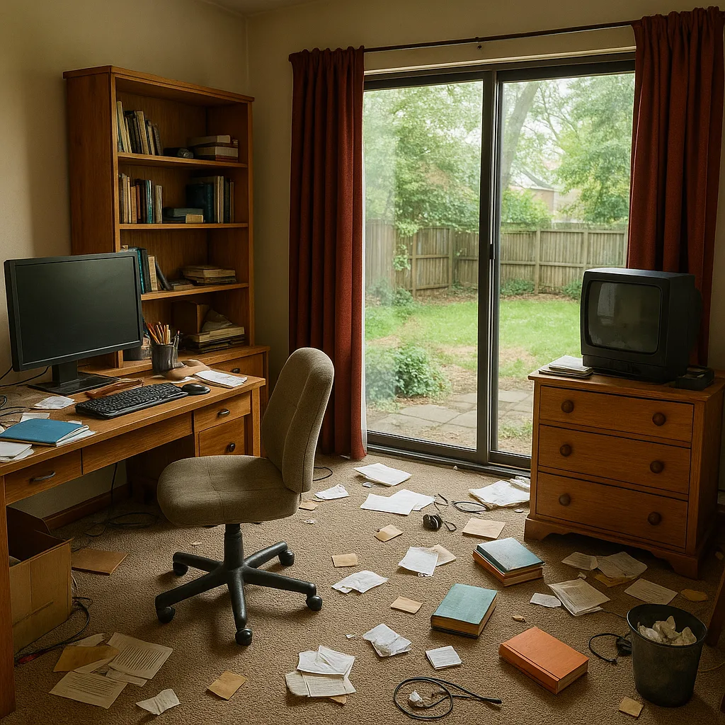 Cluttered Home Office with Wooden Furniture