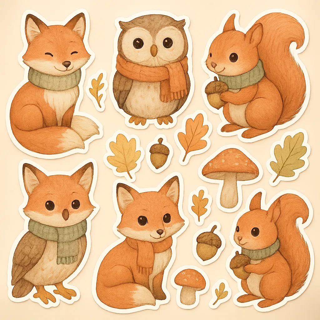 Set of Charming Stickers Featuring Illustrated Forest Animals Like Foxes
