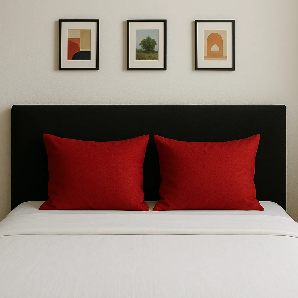 Neatly Made Bed with Red Pillows and a Black Headboard