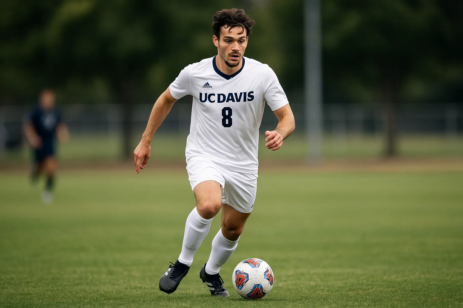 Soccer Player in a White UC Davis Jersey