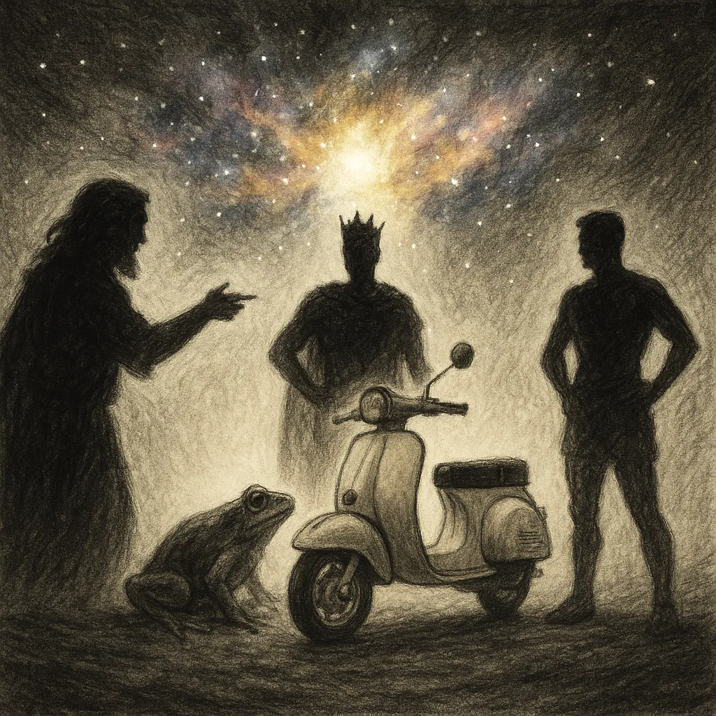 Mythic Figure Gestures to a Regal Charcoal-sketch Man