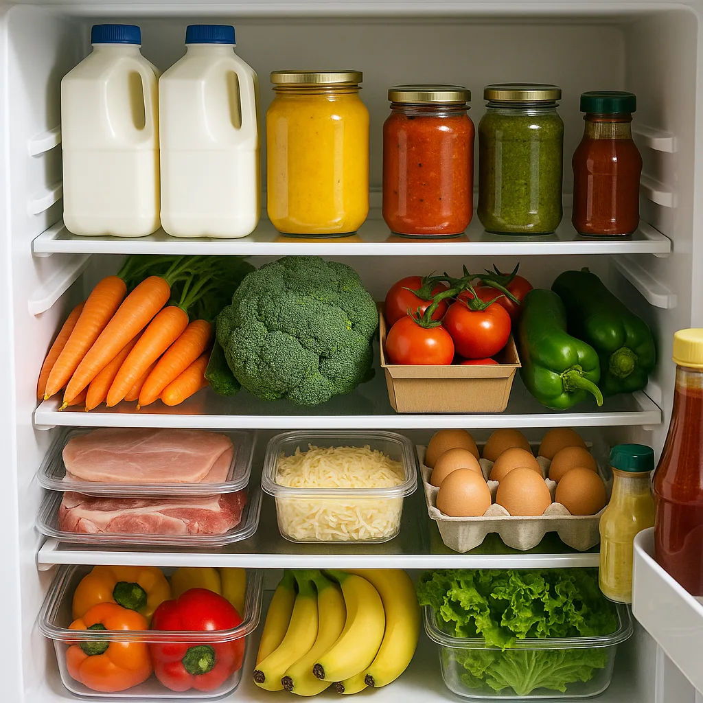 Refrigerator Filled with Assorted Groceries Including Milk Cartons