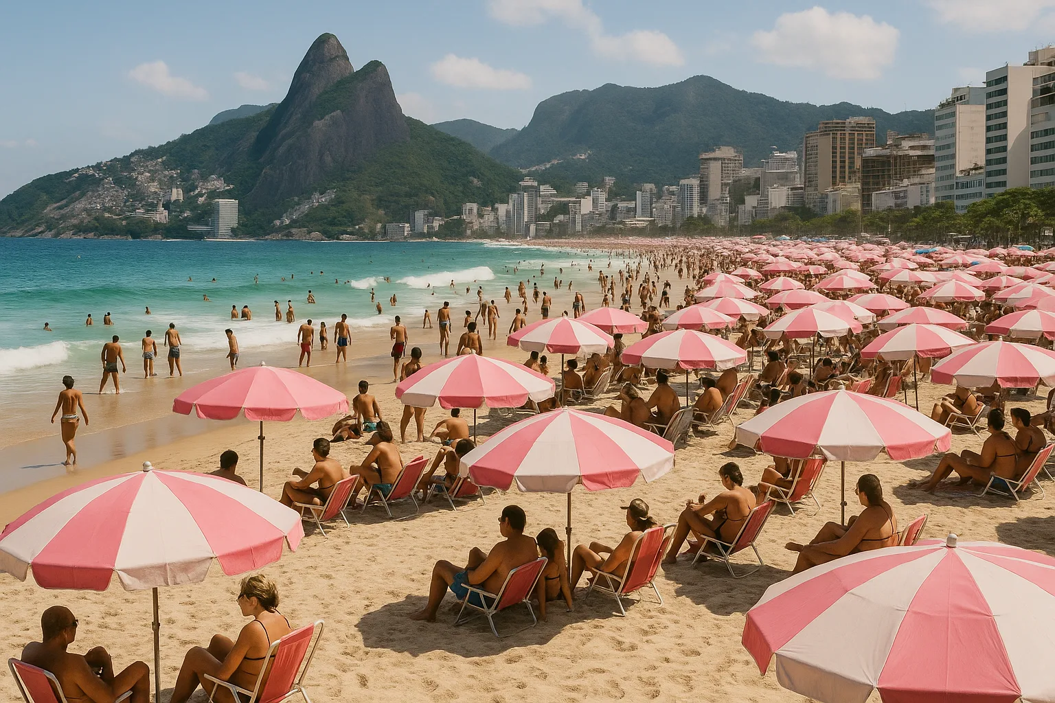 Crowded Sandy Beach with Pink and White Umbrellas