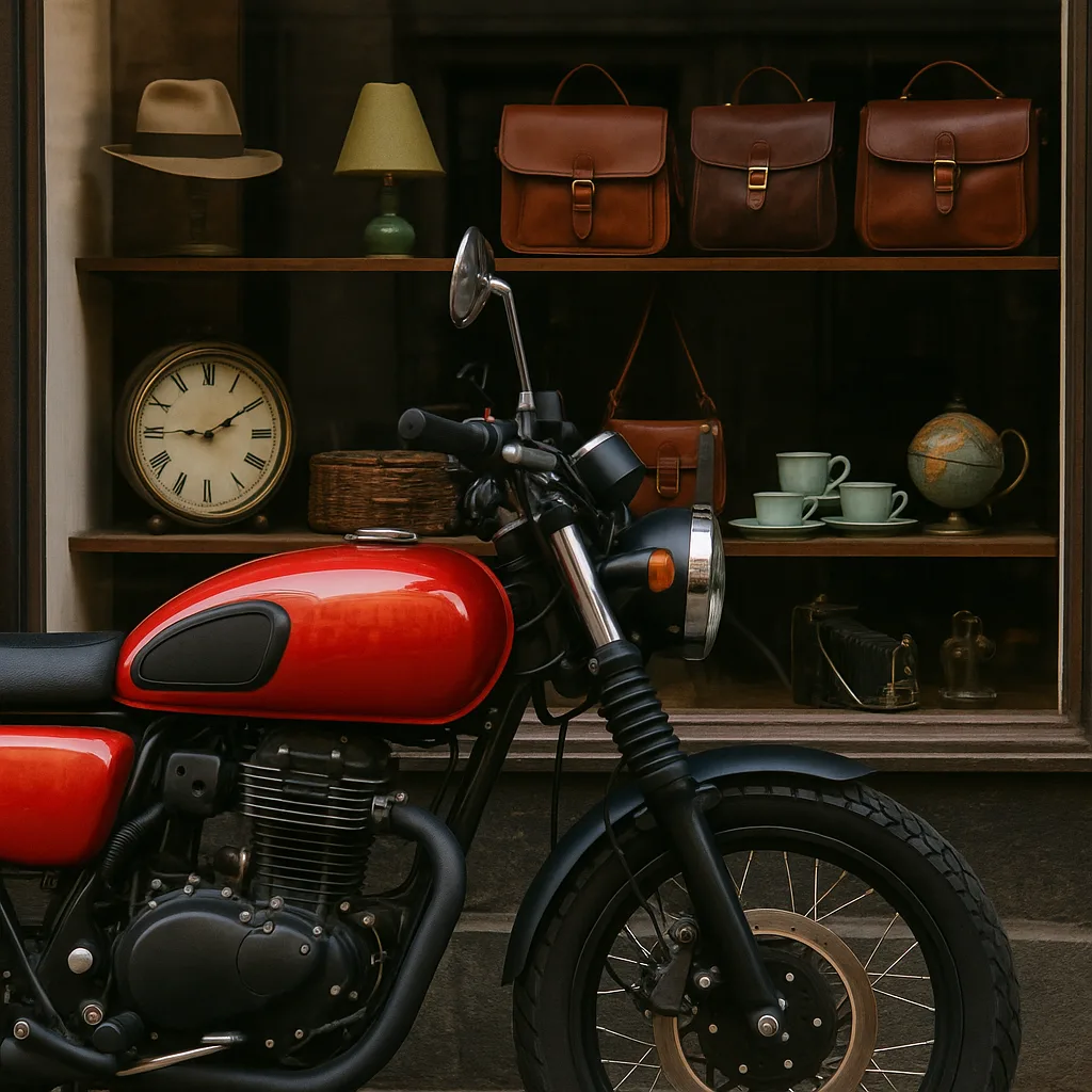 Shop Window Display Partially Concealed by a Motorbike