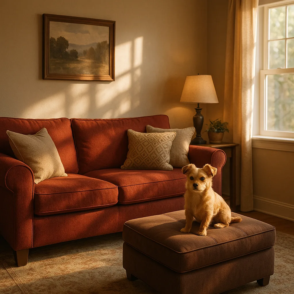 Cozy Living Room Featuring a Red Sofa with Cushions
