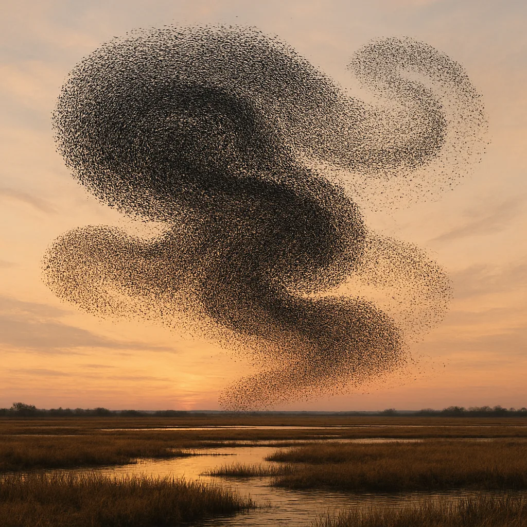 Immense Murmuration of Starlings Paints Swirling Dark Shapes