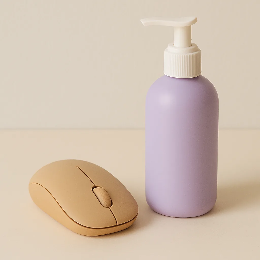 Computer Mouse in Tan Color Placed Next to a Bottle