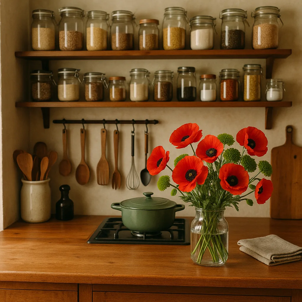 Cozy Kitchen Setup Featuring Jars on Shelves