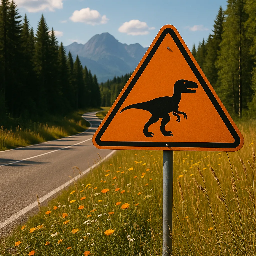 Orange Triangular Road Sign Bordered in Black Displays an Image