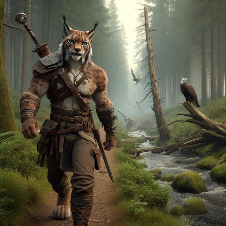Muscular Lynx Warrior Walking Forest Path