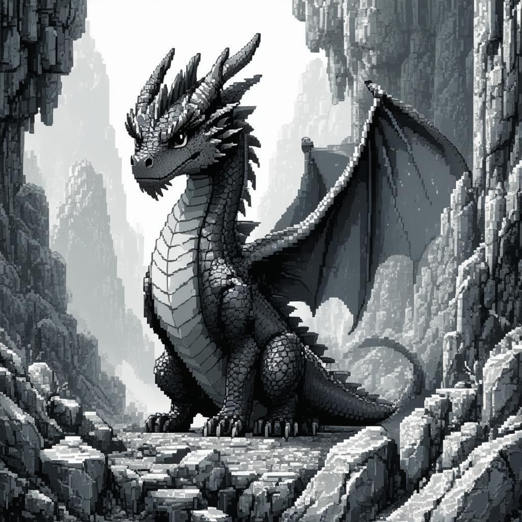 Vigilant Pixel Dragon on Rocky Grayscale Terrain