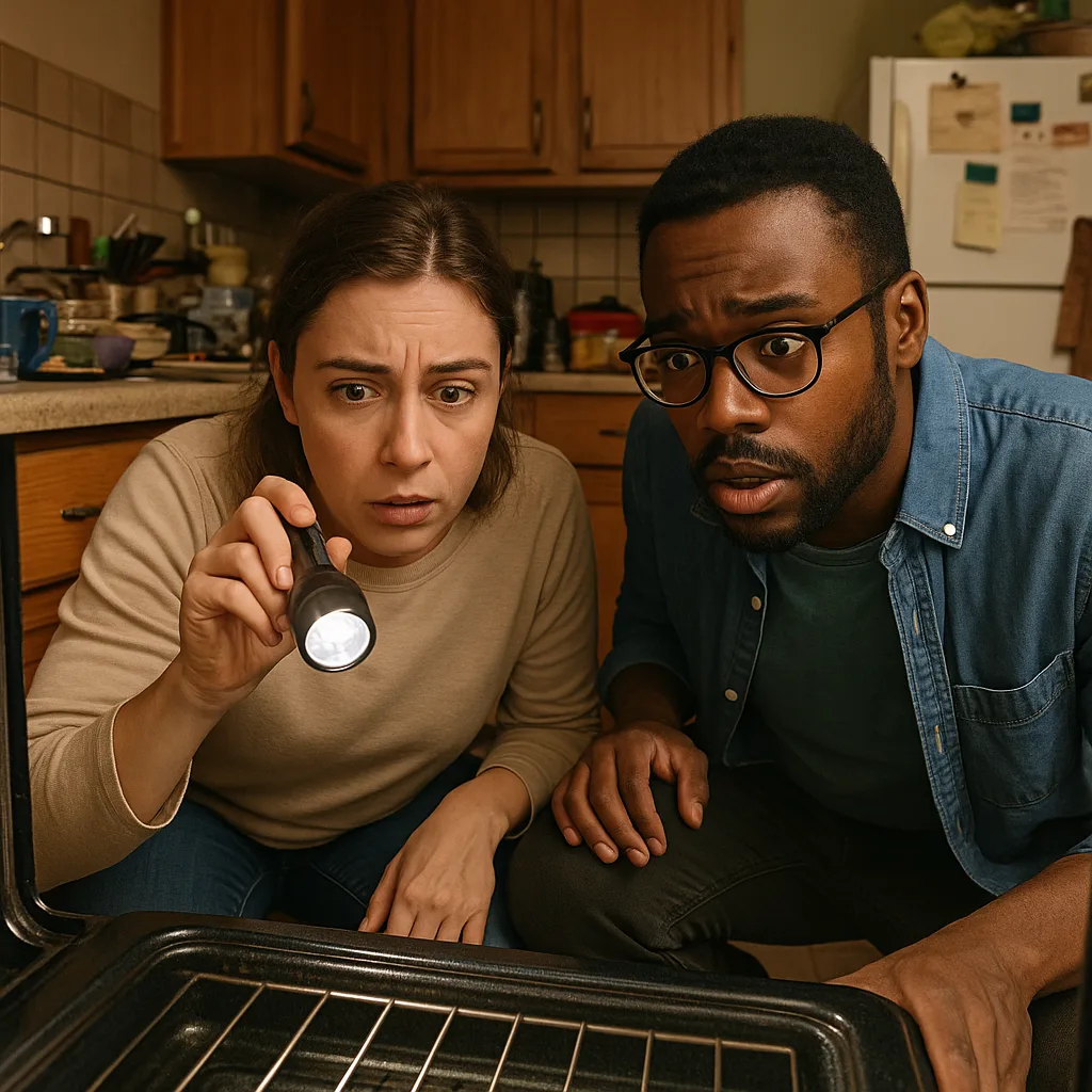 Two People Examine the Inside of an Oven