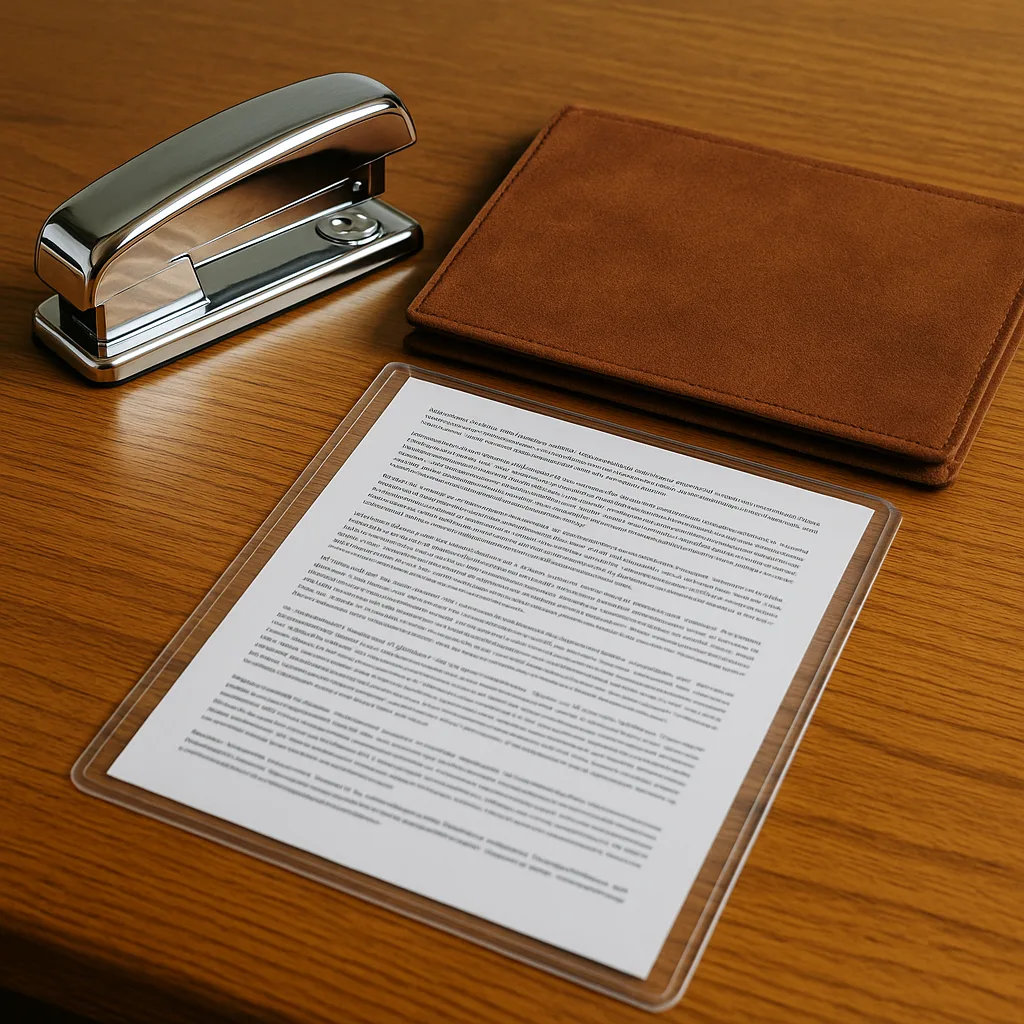 Laminated Papers Are Held in Place on the Polished Oak
