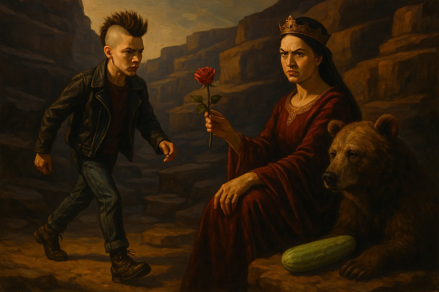 Mohawked Teenager Strides Towards a Regal Figure Offering a Rose