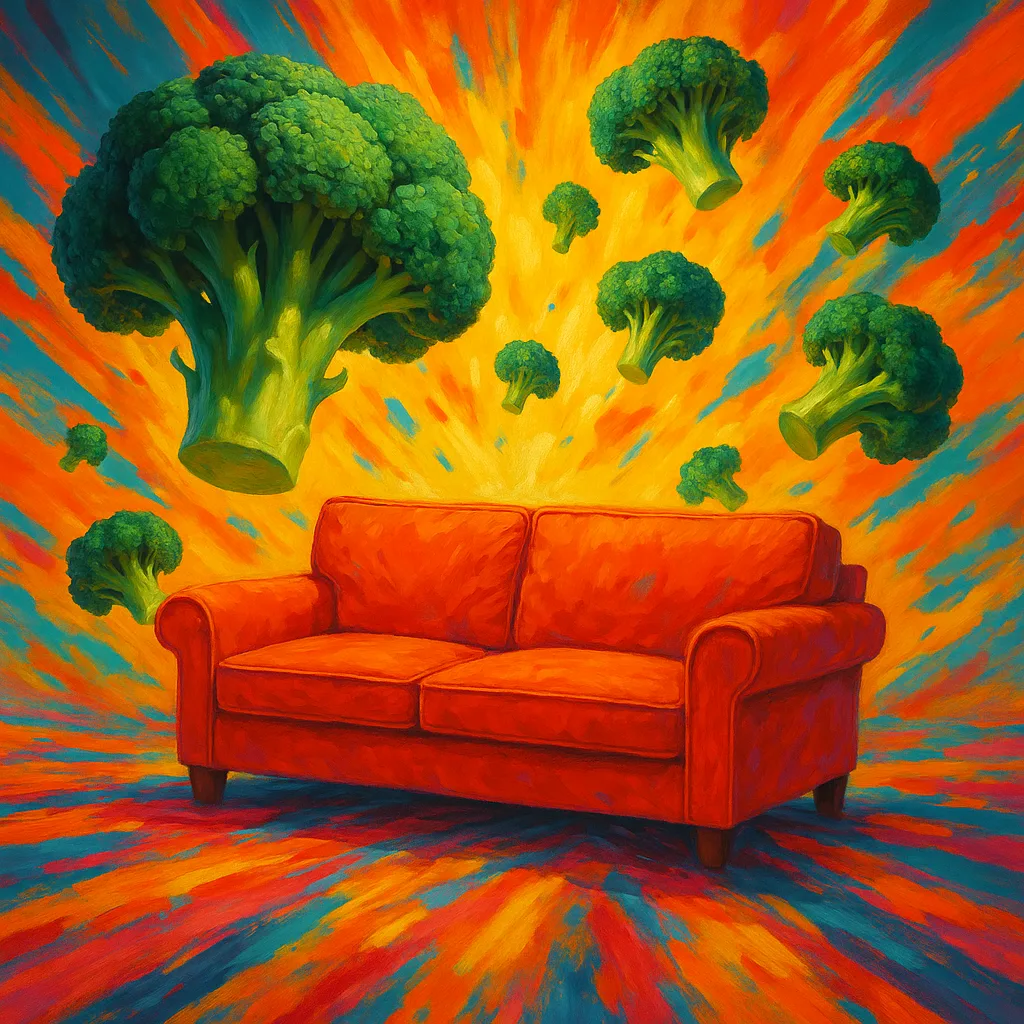 Animated and Surreal Environment Showcasing a Sofa with Broccoli Soaring