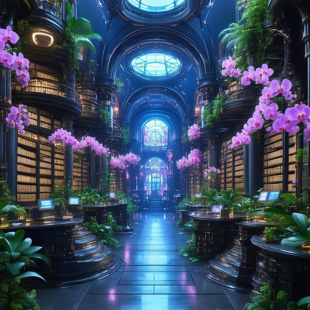 Orchid Overgrown Library With Mechanical Windows