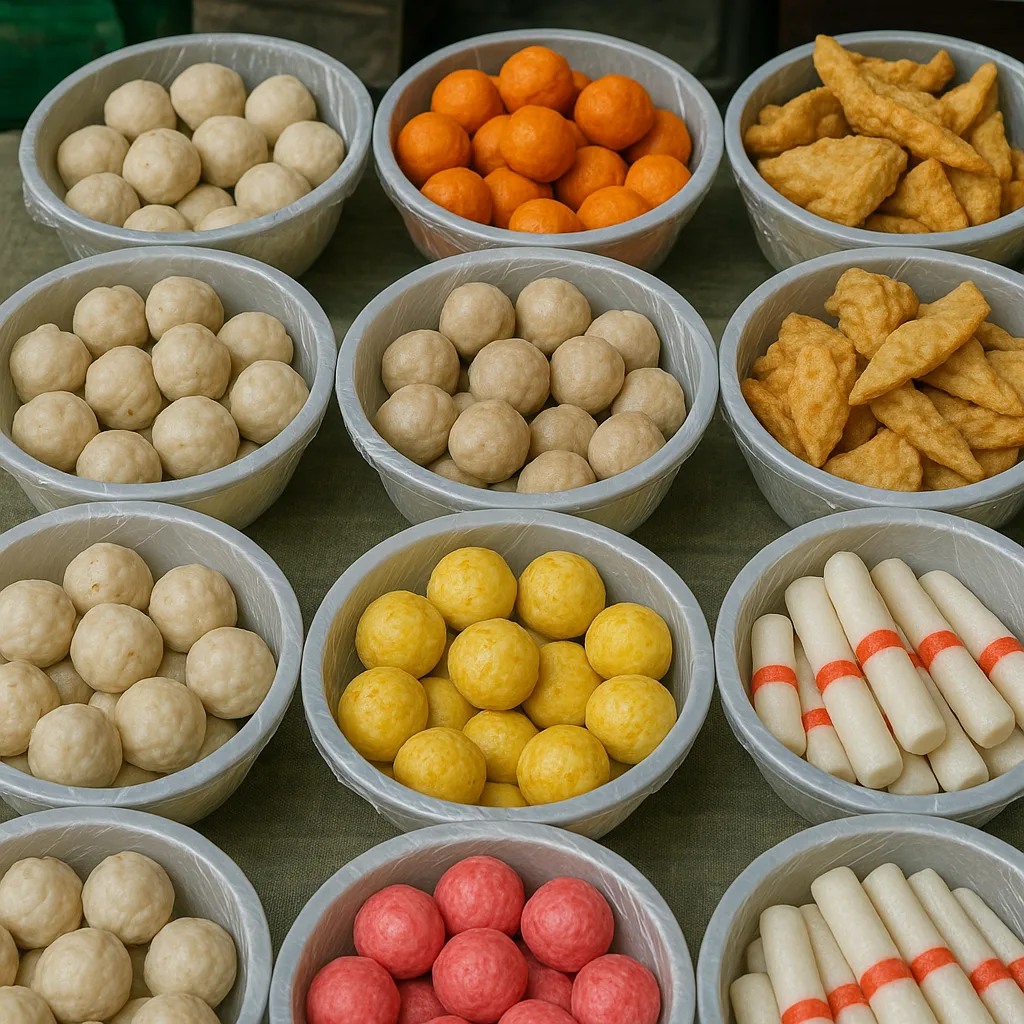 Market Display Featuring Various Types of Colorful Fish Balls