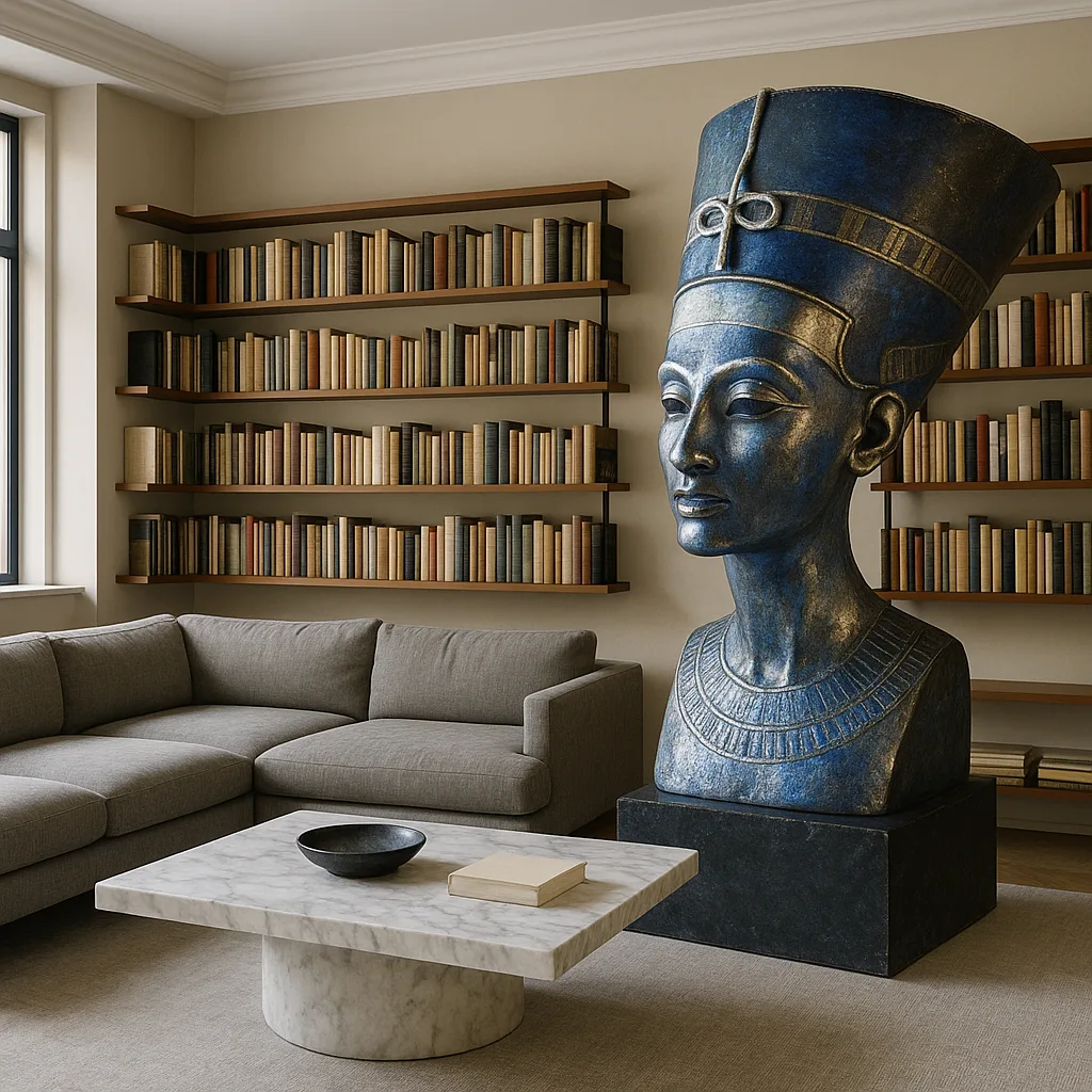 Large Living Room with an Impressive Egyptian Bust