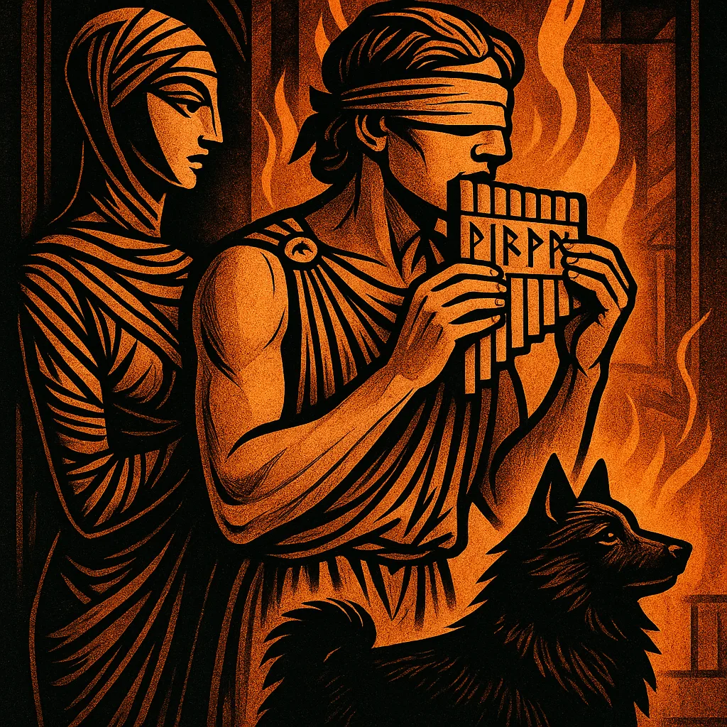 Art-deco Wrapped Figure Watches a Blindfolded Companion in Ancient Attire