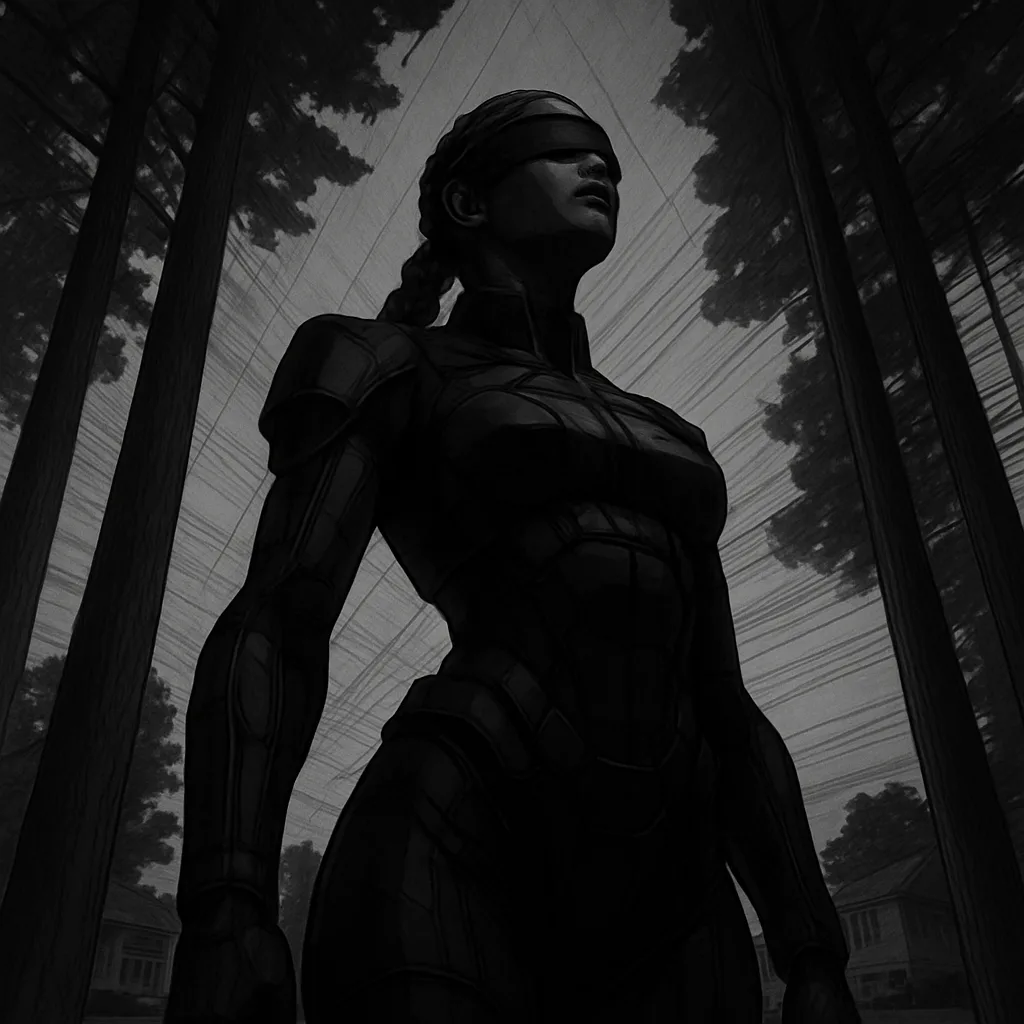 Towering Female Icon in Futuristic Cyberpunk Sci-fi Clothing Commands