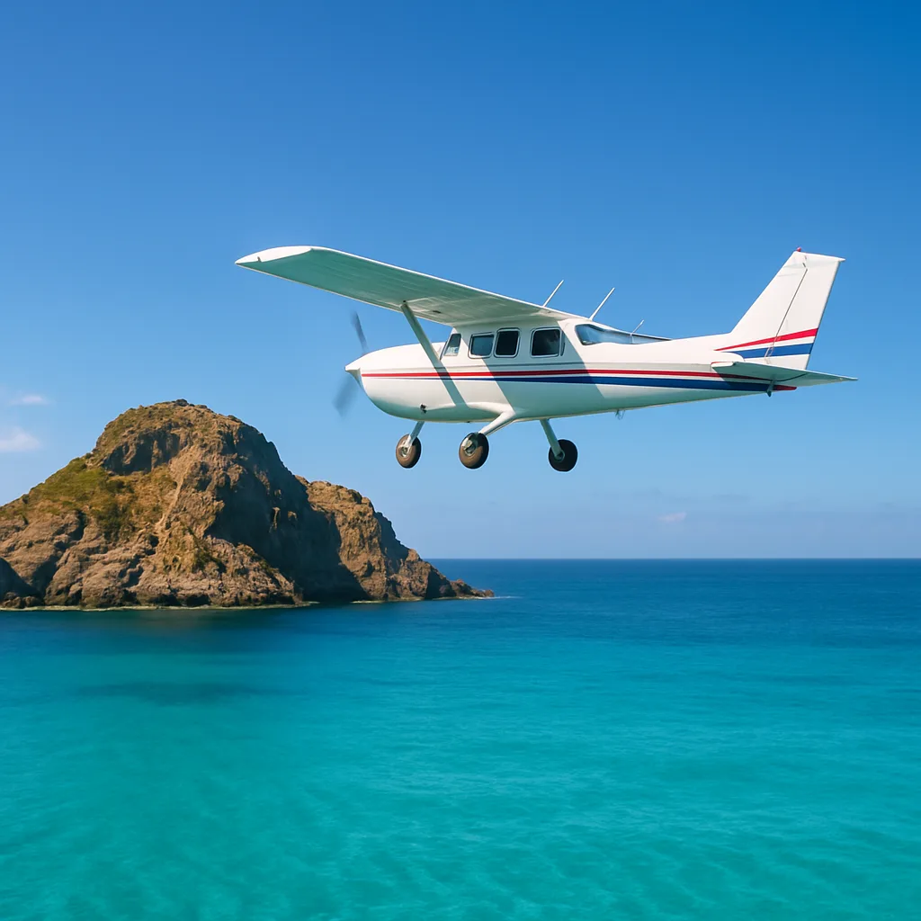 Small Airplane Flying over a Turquoise Ocean