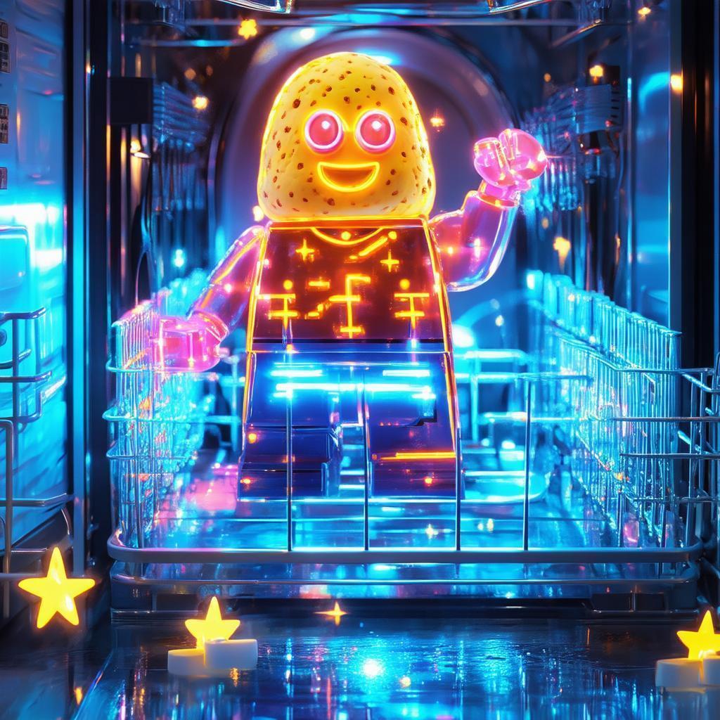 Neon Potato Superhero on Retro Dishwasher