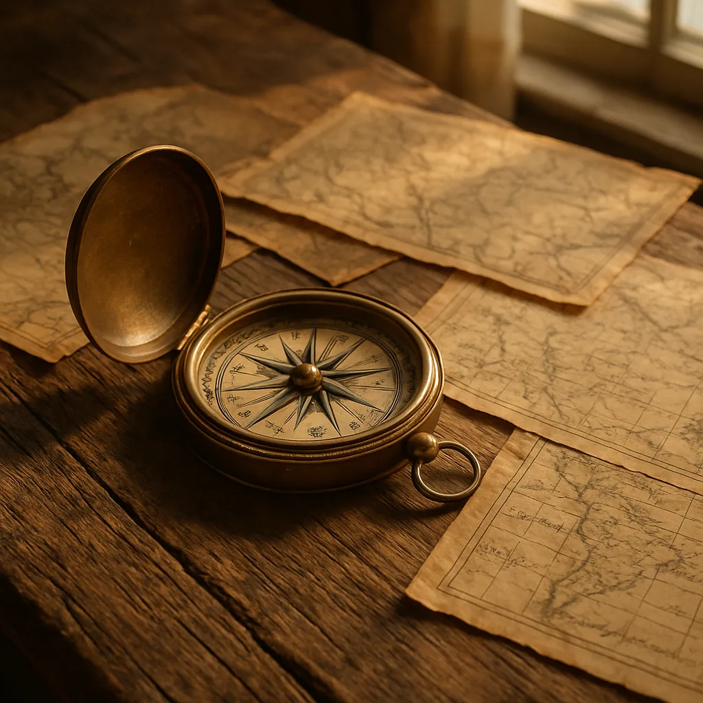 On a Timeworn Wooden Table Sits a Vintage Compass
