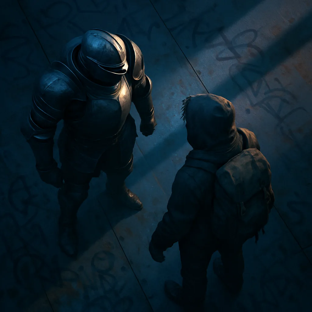 Armored Champion and a Backpacked Figure Converge