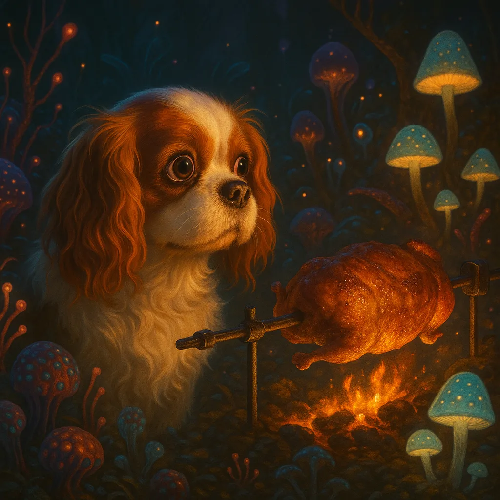 Whimsical Blenheim Spaniel Eyes a Rotisserie