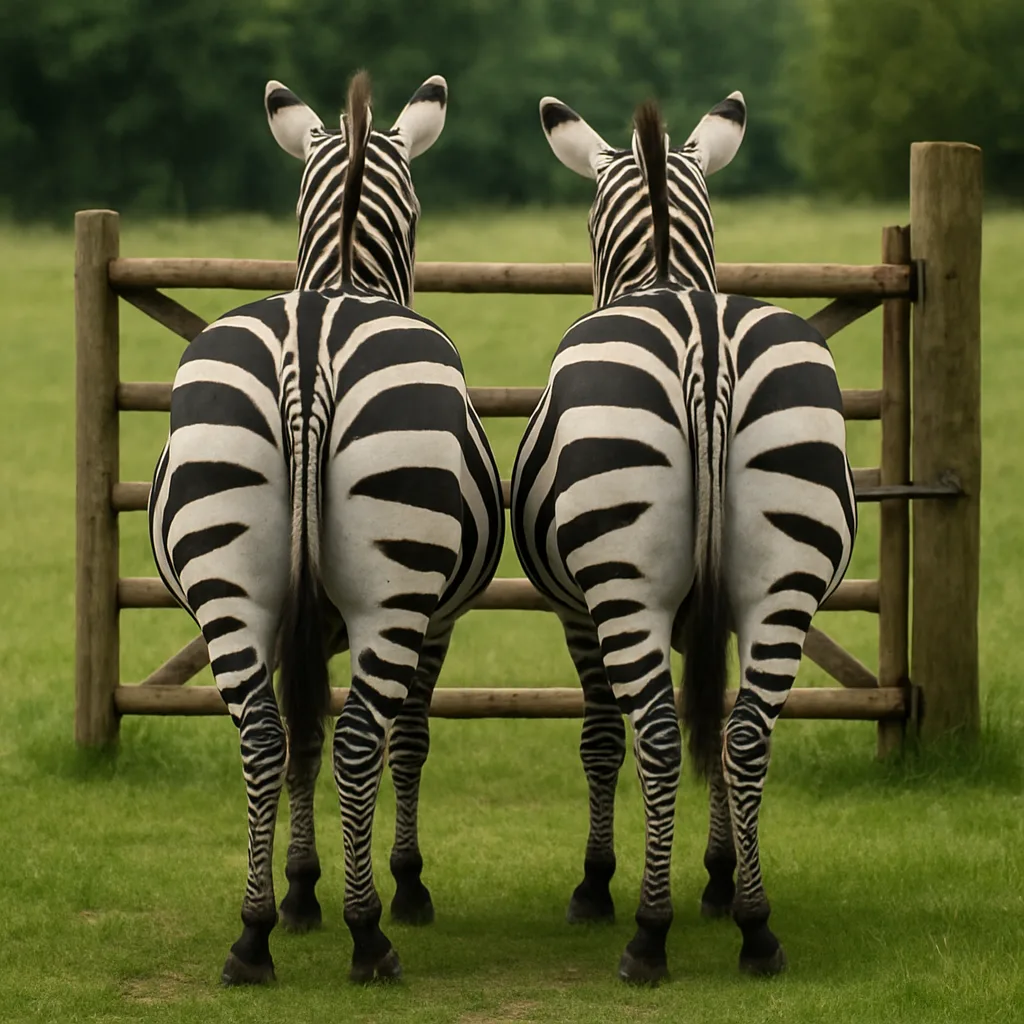 Grassy Field with Two Zebras Standing Side by Side