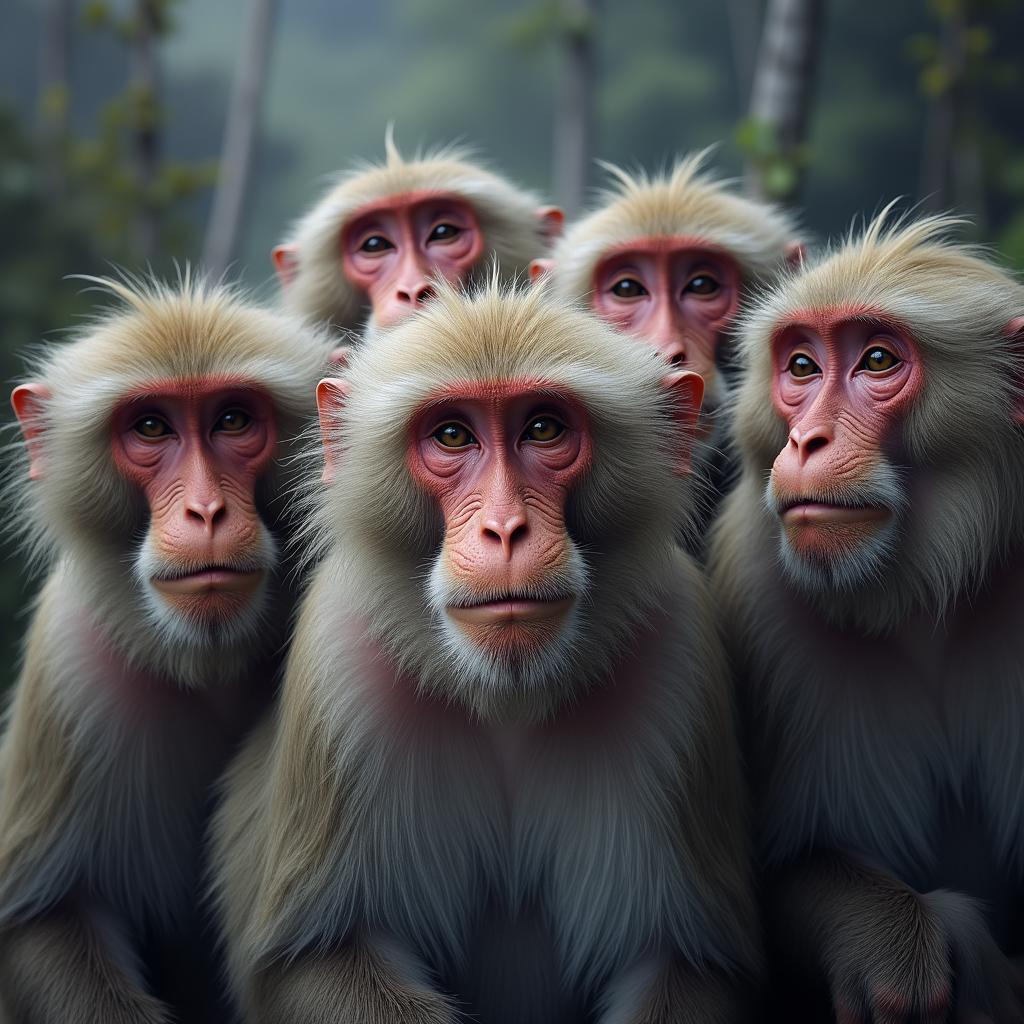 Shaggy Tibetan Macaques in Group Portrait