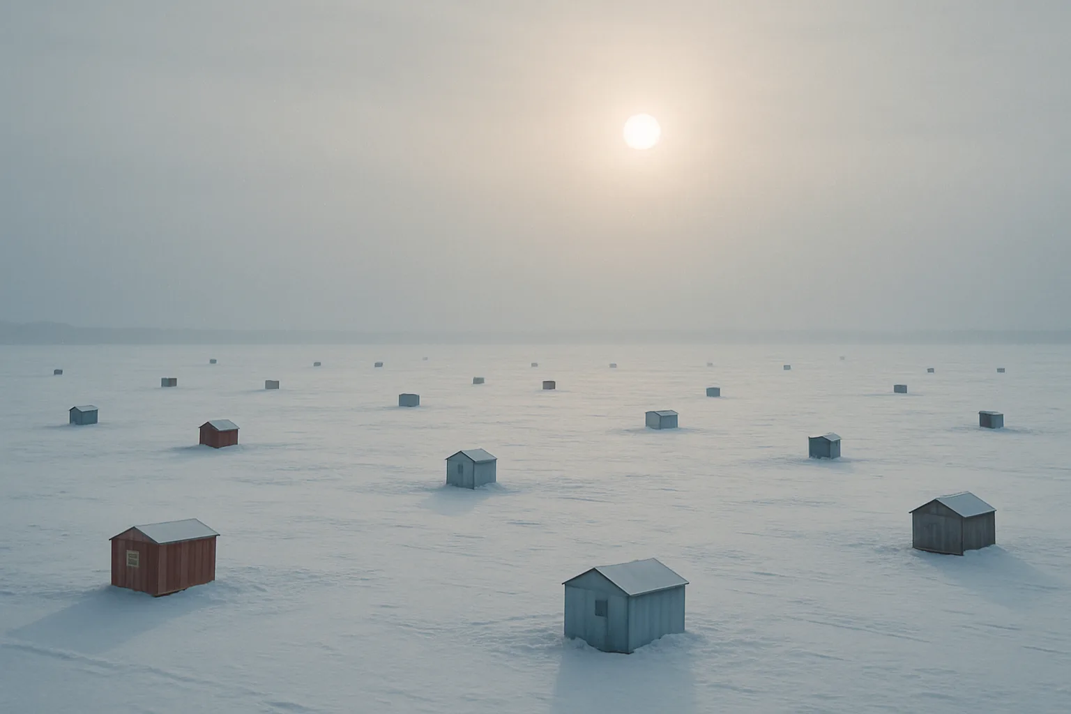 Numerous Tiny Ice-fishing Huts Are Sparsely Scattered Across a Vast