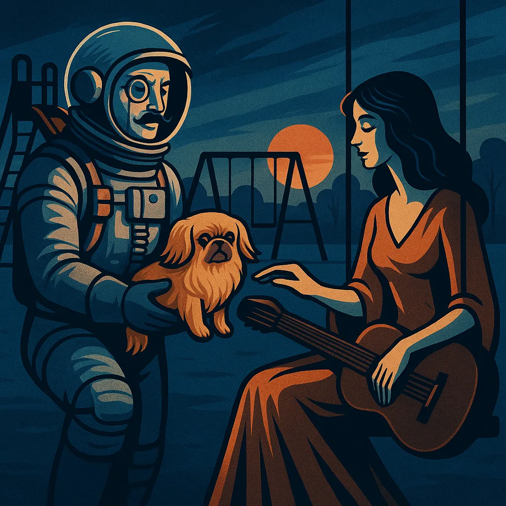 Monocled Vintage Pioneer Astronaut Presents a Fawn Pekinese