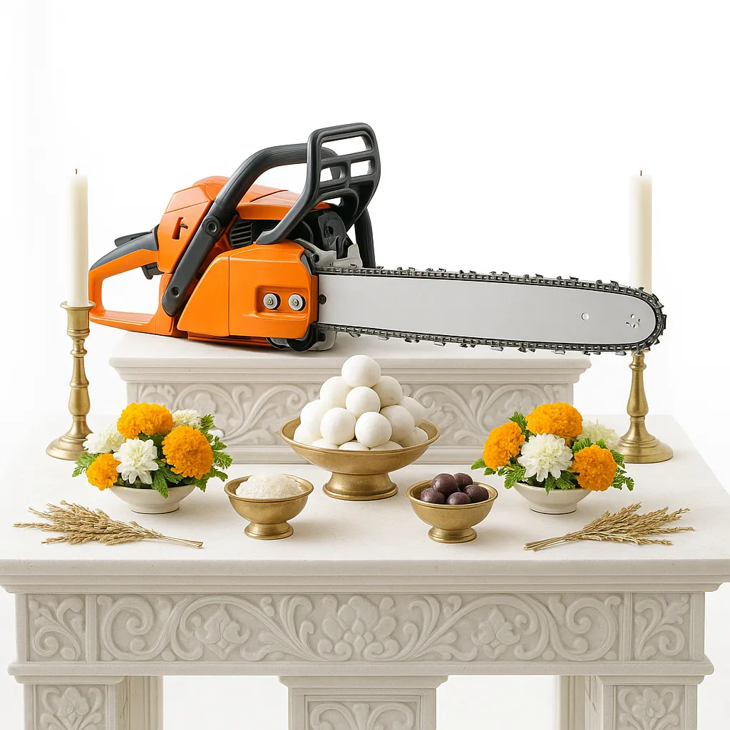 Professional Long-bar Chainsaw on a Central Altar of Mysterious Offerings