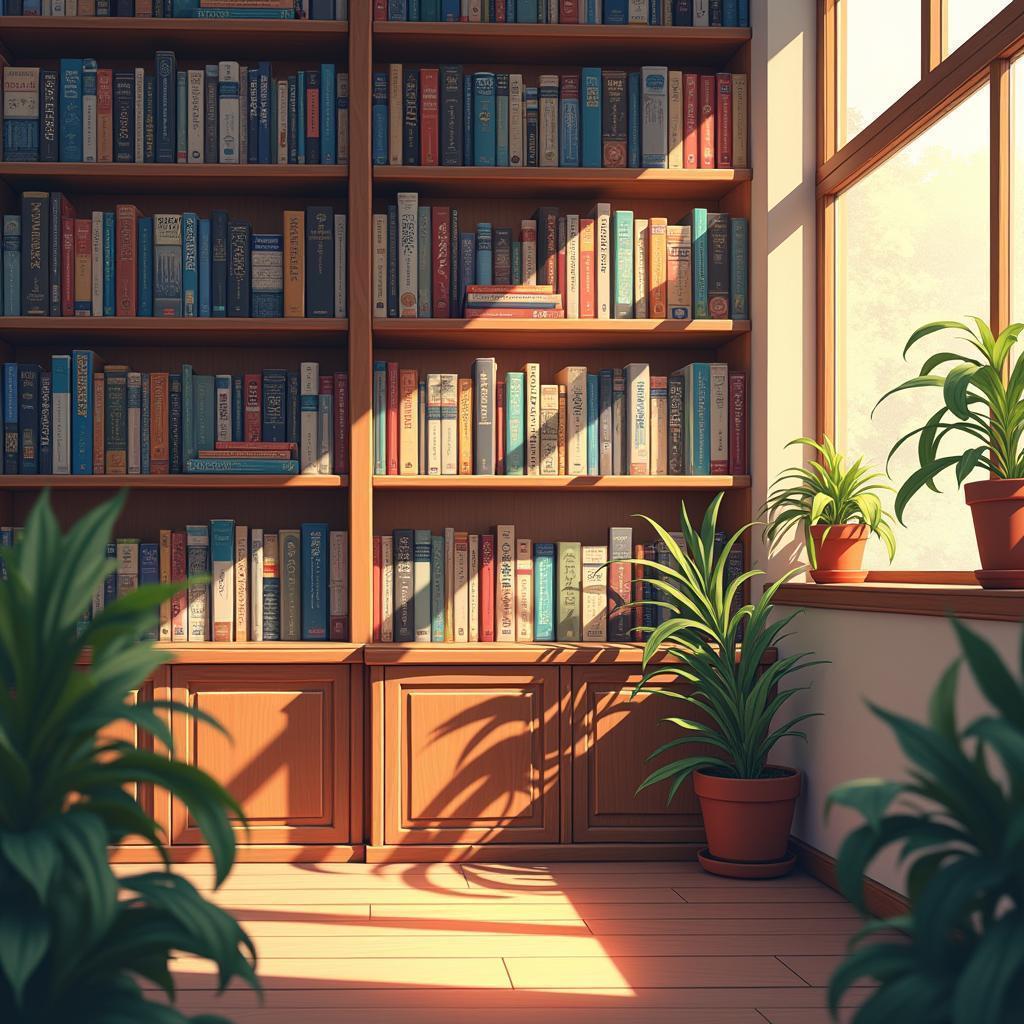 Cozy Anime Bookshelf at Golden Hour
