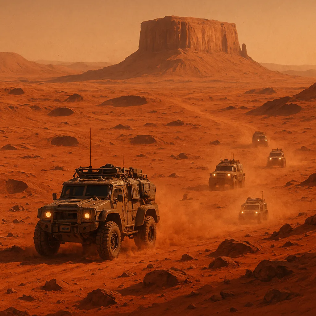 Small Convoy of Rugged Exploration Vehicles Kicks Up Plumes