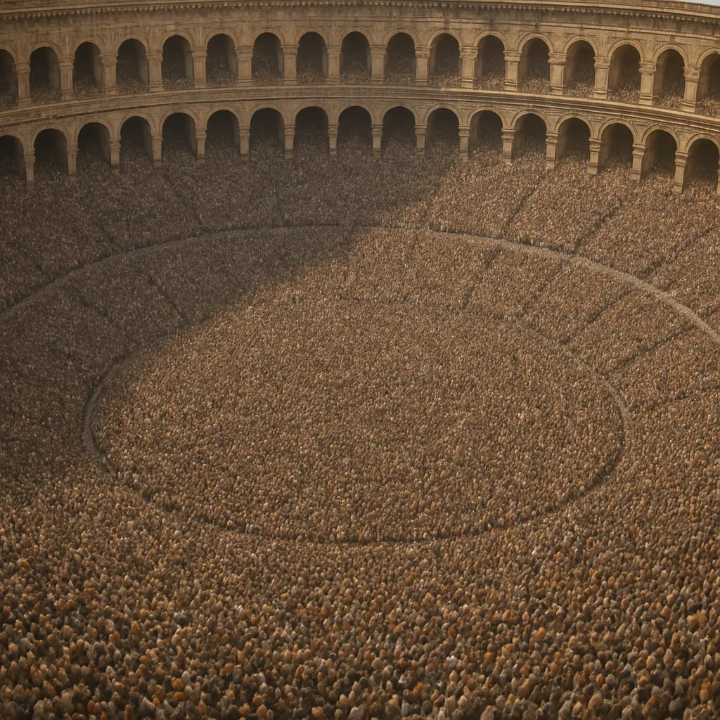 Immense Crowd of Indistinguishable Spectators Fills a Colossal Ancient Amphitheater