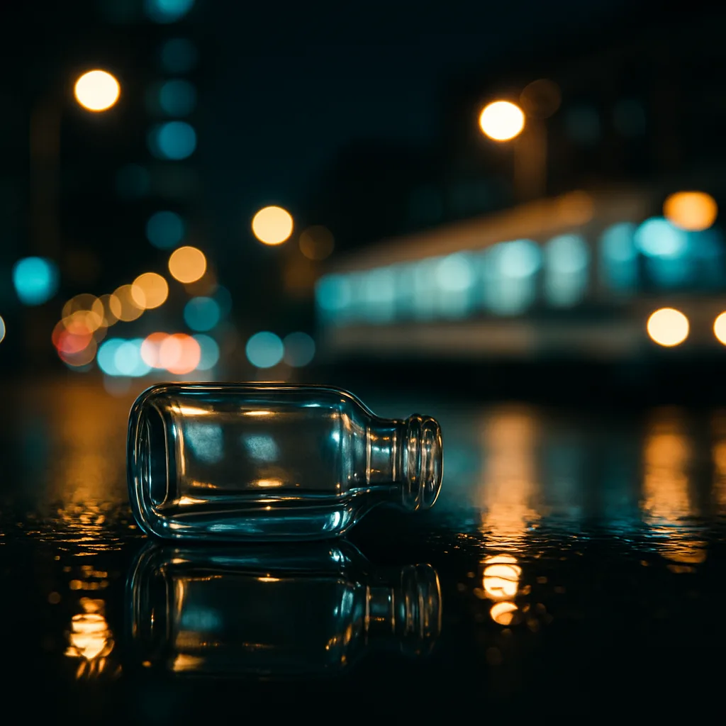 Small Clear Glass Bottle Lies on a Reflective Surface
